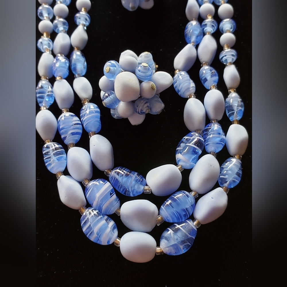 Vintage Denim Blue Swirl Art Glass Set 1950's 60's Japan Spring Summer - Picture 3 of 10